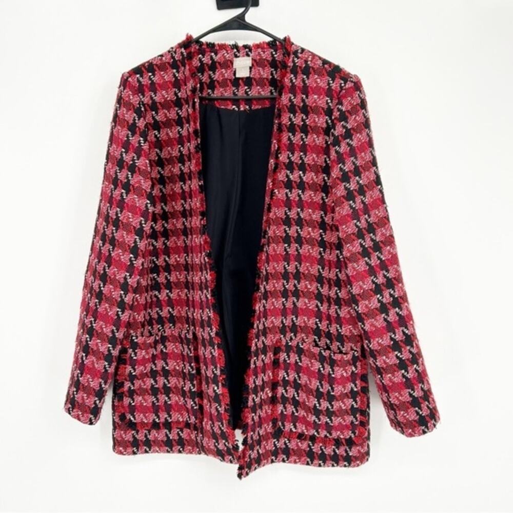 Chico's Red Plaid Houndstooth Tweed Fringe Open Blazer Size 2 Large Holiday
